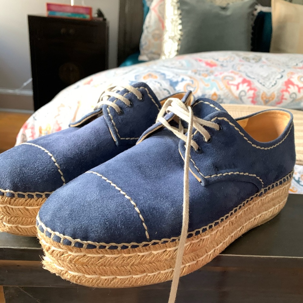 Royal blue suede lace up Prada espadrille platforms flatform 40 1/2 - Picture 1 of 10
